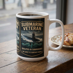 Submarine Veteran Three Panel Ceramic Mug — "Qualified in Submarines" The Rest Is Surface Noise" (15oz)