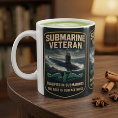 Submarine Veteran Three Panel Ceramic Mug — "Qualified in Submarines" The Rest Is Surface Noise" (15oz)