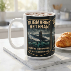 Submarine Veteran Three Panel Ceramic Mug — "Qualified in Submarines" The Rest Is Surface Noise" (15oz)