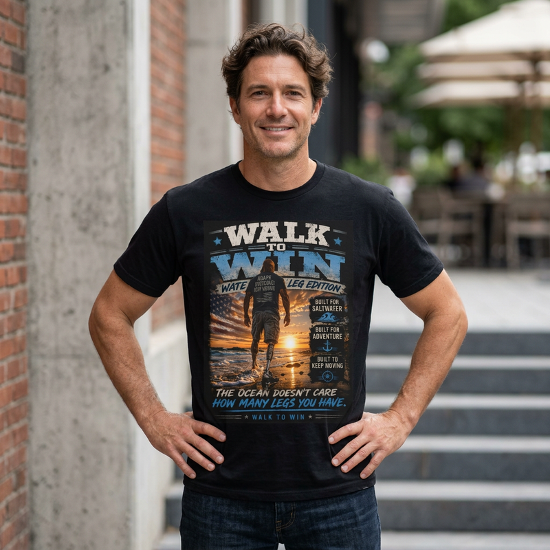 Men's Leg Amputee Walk to Win Water Leg Beach T-Shirt — Motivational Ocean Sunset Graphic Tee