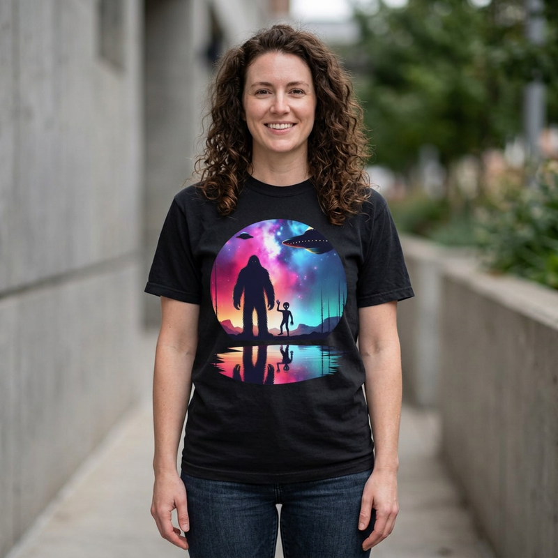 Bigfoot & Alien Nightscape T-Shirt — Sasquatch UFO Graphic Tee