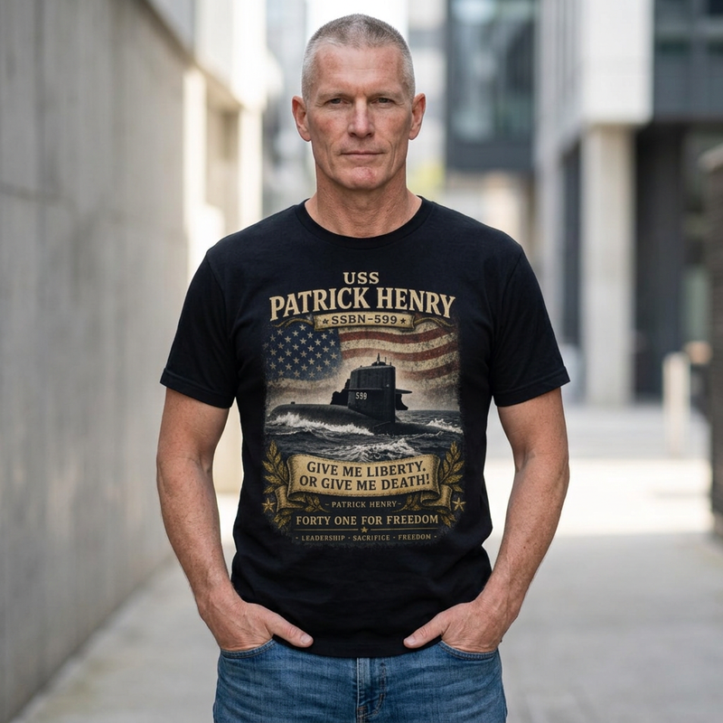 USS Patrick Henry SSBN 599 Submarine T-Shirt with a quote from its namesake