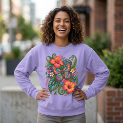 Floral Butterfly Sweatshirt — Tropical Hibiscus Garden Crewneck