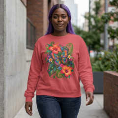 Floral Butterfly Sweatshirt — Tropical Hibiscus Garden Crewneck
