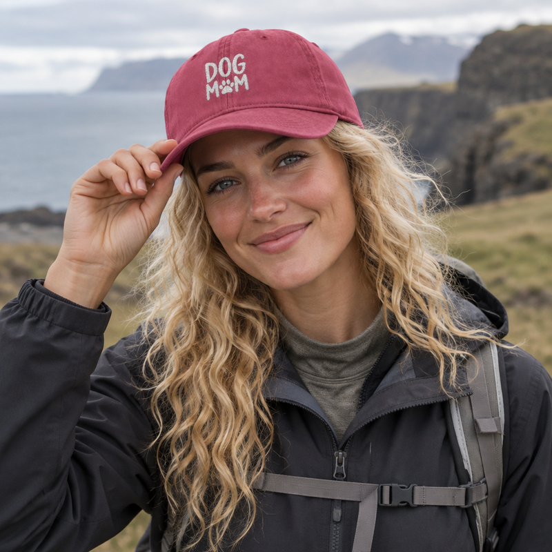 Embroidered Dog MOM Cap — Washed Coastal Baseball Hat with Paw Print