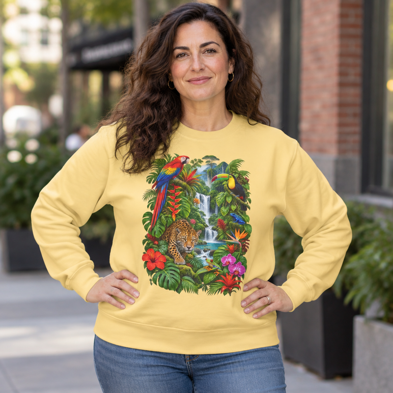 Tropical Jungle Waterfall With Leopard and Parrot Sweatshirt