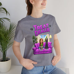 Personalized Treat Dealer T-Shirt — Funny Pet Lover Tee with Girl and Dog on Purple Couch