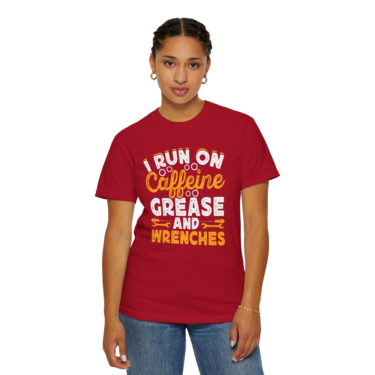 I Run On Caffeine, Grease and Wrenches, Fun Mechanic Quote, Comfort Colors Unisex Relaxed Fit T Shirt