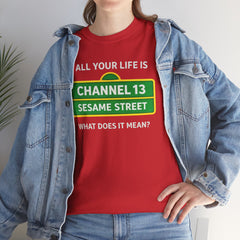 FUNNY T SHIRT  ALL YOUR LIFE IS CHANNEL 13 SESAME STREET WHAT DOES IT MEAN? MUSIC LYRICS. Unisex Heavy Cotton Tee