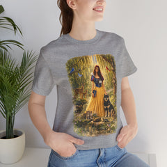 Fairy Tale Forest Tee — Woman with Dog Vintage Fantasy Graphic Shirt