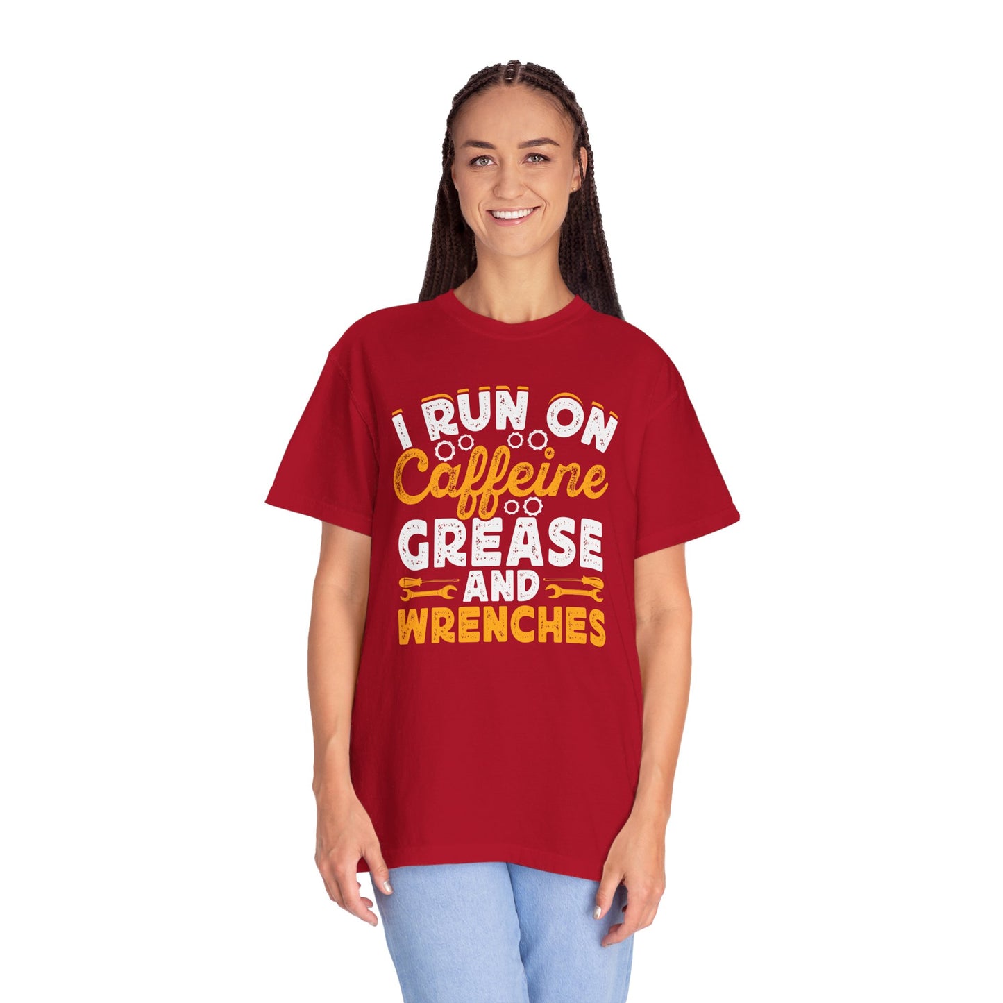 I Run On Caffeine, Grease and Wrenches, Fun Mechanic Quote, Comfort Colors Unisex Relaxed Fit T Shirt