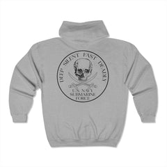 US Navy Submarine Veteran, Unisex Premium Full Zip Hoodie,Submarine Insignia, Skull Crossed Cutlasses on Back, Dolphins, Bubblehead