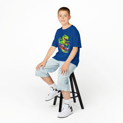 Kids Skateboarding T‑Rex Tee — Neon Dino Skateboard Shirt for Boys & Girls