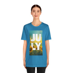July Sunflower T‑Shirt – Summer Graphic Tee with 'JULY' Text