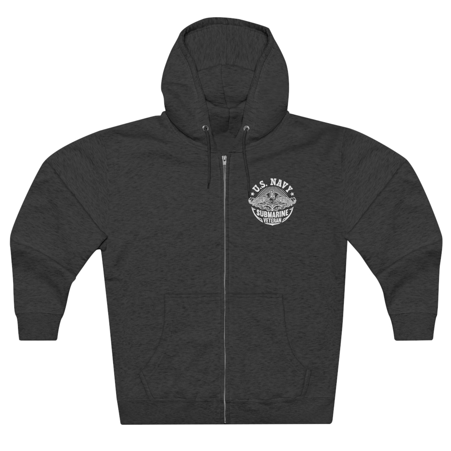 USN Submarine Veteran Unisex Premium Full Zip Hoodie, Submarine Breast Insignia on front, Skull and Crossed Cutlasses on Back