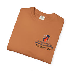Elizabeth Gill Front Logo Back Graphic Baldwin Harbor Animal Hospital "Who Let the Cats Out?" T Shirt
