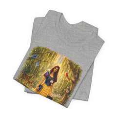 Fairy Tale Forest Tee — Woman with Dog Vintage Fantasy Graphic Shirt