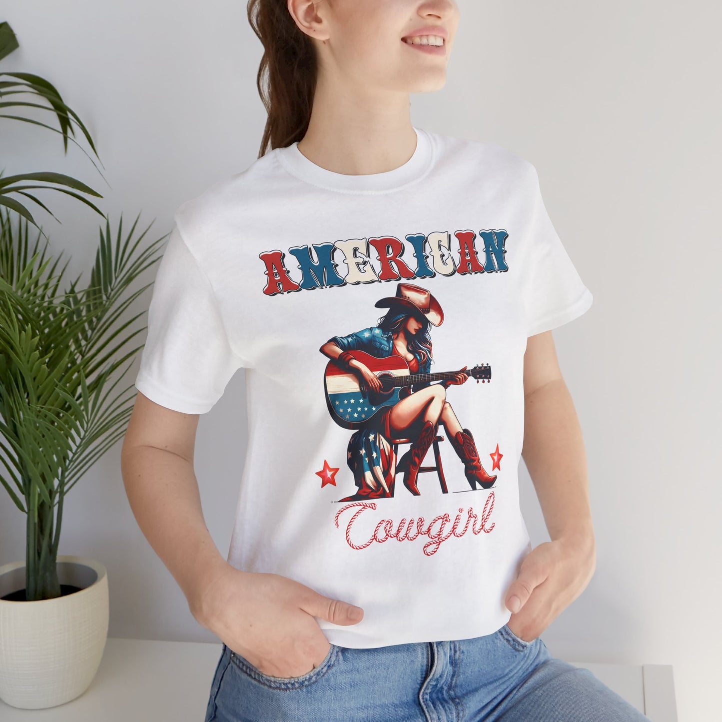 American Cowgirl, Playing Guitar Graphic, Unisex Jersey Short Sleeve Tee