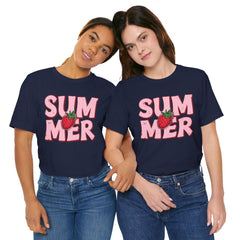 Summer Strawberry T-Shirt — Cute Pink Graphic Tee with Strawberry "SUMMER" Design