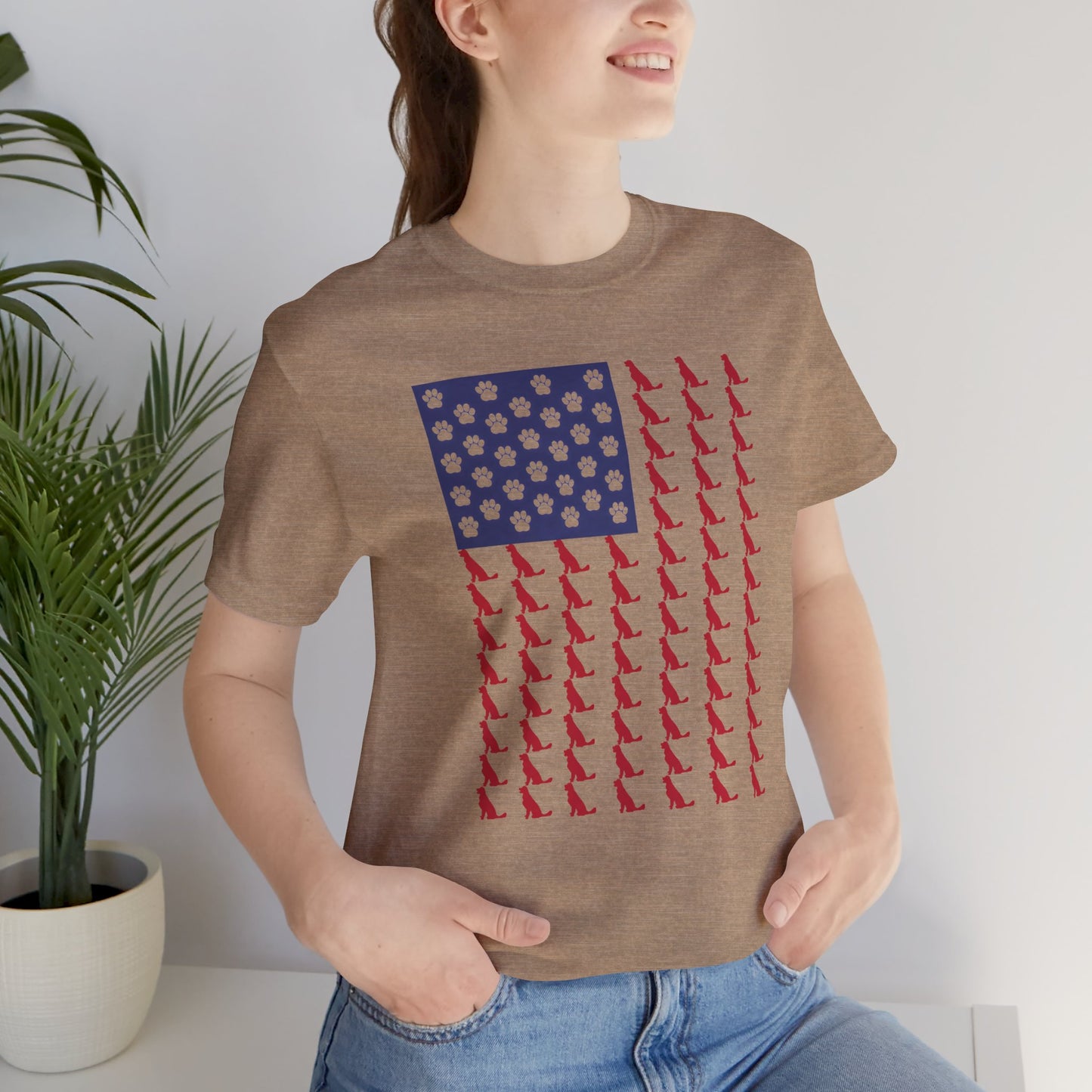 Personalized Dog Silhouette on American Flag - Tell us your dog breed, Unisex Short Sleeve Tee, Golden Retriever Silhouette Shown, Patriotic Shirt, Patriotic Pooch