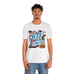 WTF Is A Kilometer? Patriotic Graphic Tee - Funny USA Eagle Burger Design