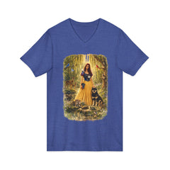 Forest Maiden V-Neck Tee — Woman with Dog & Nature Illustration