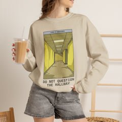 Crewneck Sweatshirt "Do Not Question the Hallway" – Retro Yellow Corridor Graphic