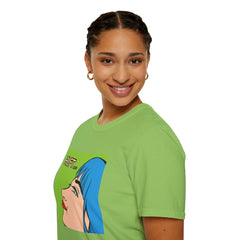 Pop Art Gal T-Shirt featuring Blue Hair and Red Lips Unisex Soft Style Shirt