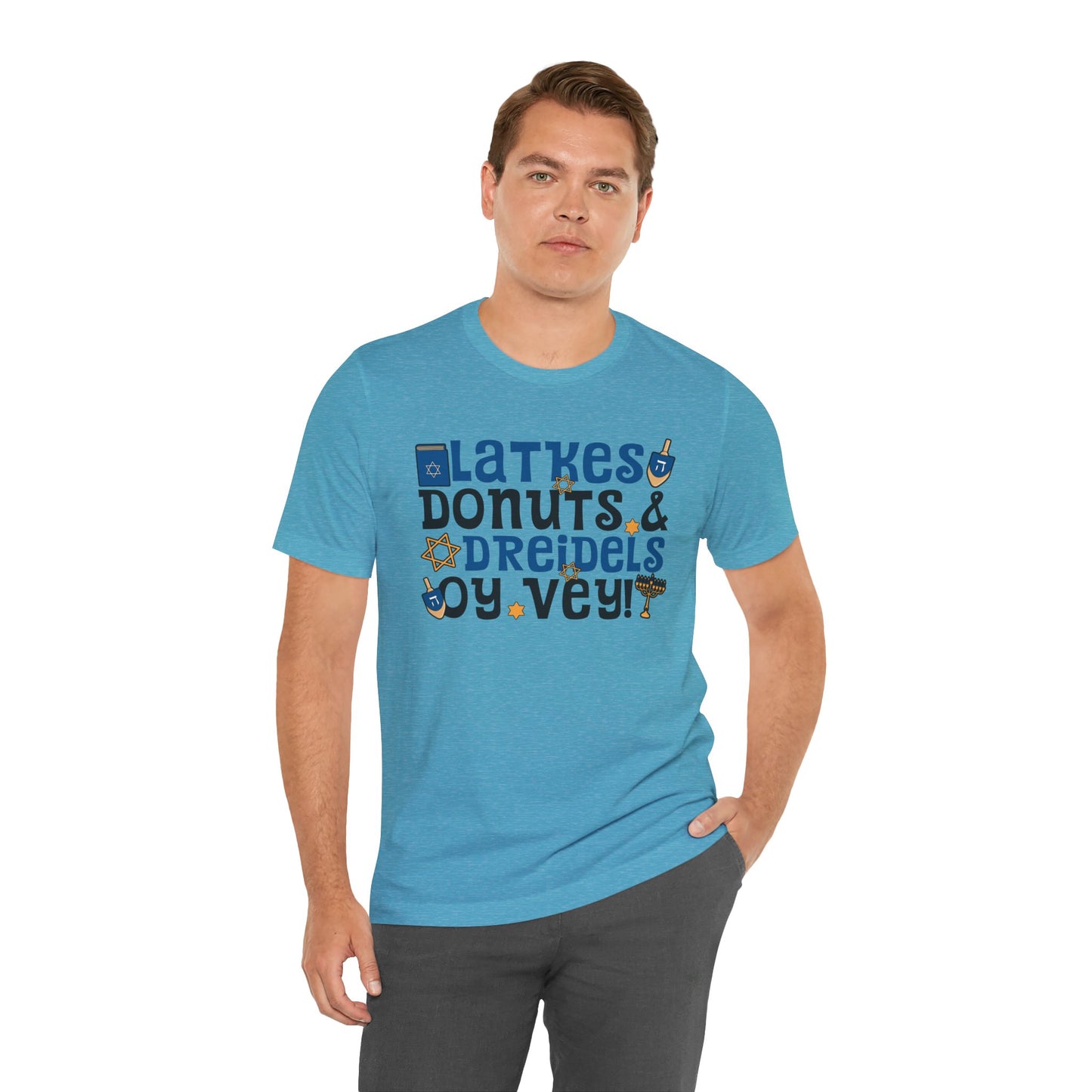 Latkes, Donuts, Dreidel, Oy Vey! - Unisex Jersey Short Sleeve Tee