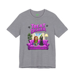 Personalized Treat Dealer T-Shirt — Funny Pet Lover Tee with Girl and Dog on Purple Couch