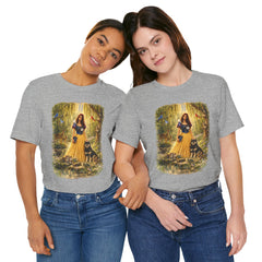 Fairy Tale Forest Tee — Woman with Dog Vintage Fantasy Graphic Shirt
