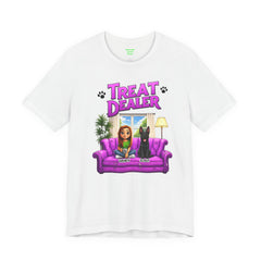 Personalized Treat Dealer T-Shirt — Funny Pet Lover Tee with Girl and Dog on Purple Couch