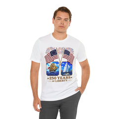 250 Years of Liberty Patriotic T-Shirt - Unique 1776 Tall Ship Brig and a 2026 Flying Scot Sailing Racer