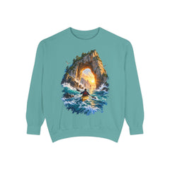 Adventure Kayak Sweatshirt — Comfort Colors Sunset Sea Arch Graphic