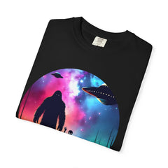Bigfoot & Alien Nightscape T-Shirt — Sasquatch UFO Graphic Tee