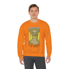 Crewneck Sweatshirt "Do Not Question the Hallway" – Retro Yellow Corridor Graphic