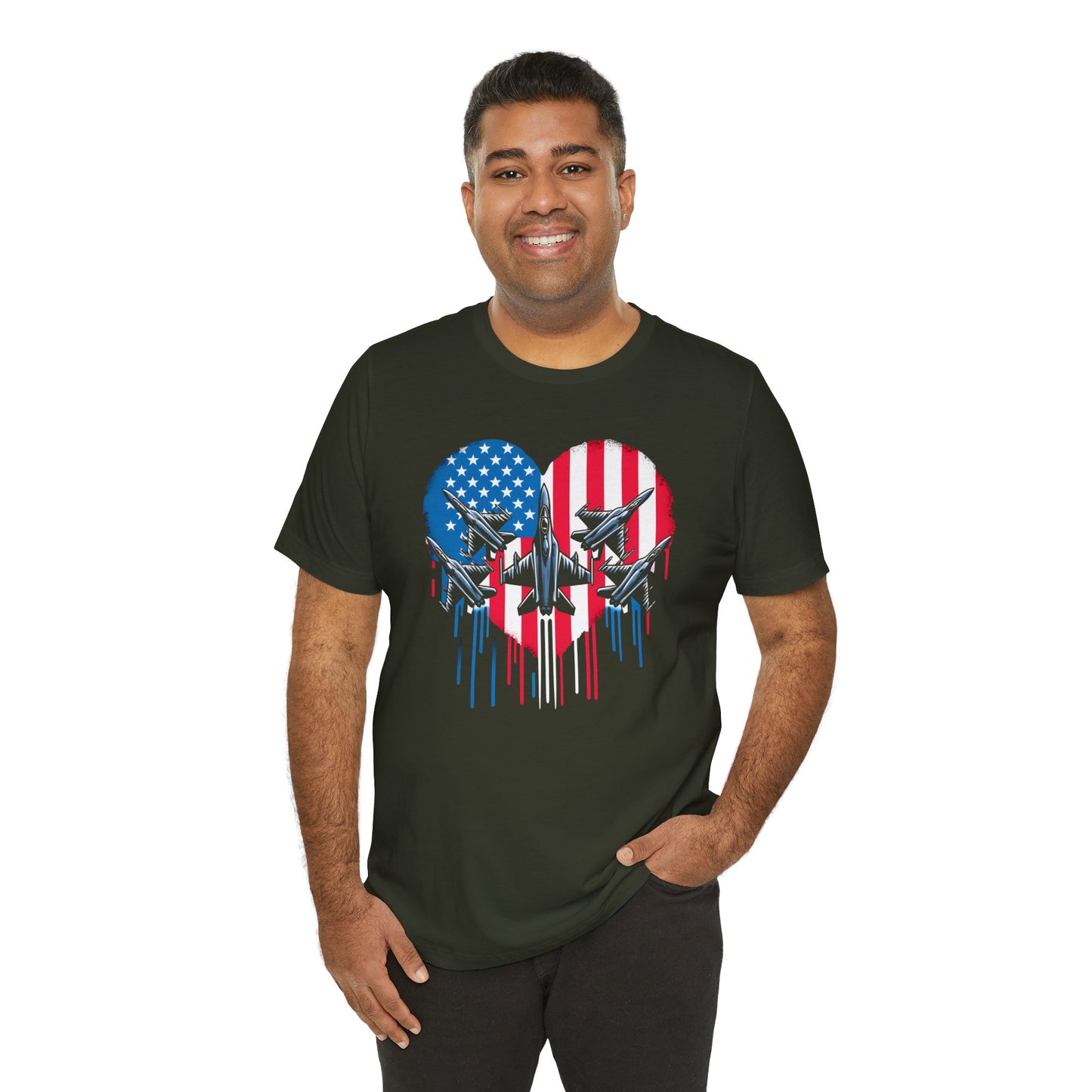 Red White and Blue Heart with Jets Graphic, Unisex Jersey Short Sleeve Tee