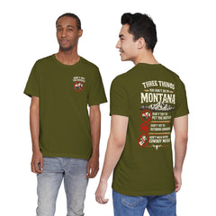 Montana Rules Tee - “3 Things You Don’t Do in Montana: Don’t Pet the Buffalo, Outdrink Canadians, Mess with Cowboy Music”