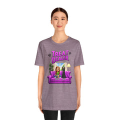 Personalized Treat Dealer T-Shirt — Funny Pet Lover Tee with Girl and Dog on Purple Couch