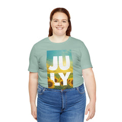July Sunflower T‑Shirt – Summer Graphic Tee with 'JULY' Text