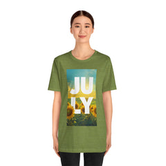 July Sunflower T‑Shirt – Summer Graphic Tee with 'JULY' Text