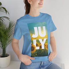 July Sunflower T‑Shirt – Summer Graphic Tee with 'JULY' Text