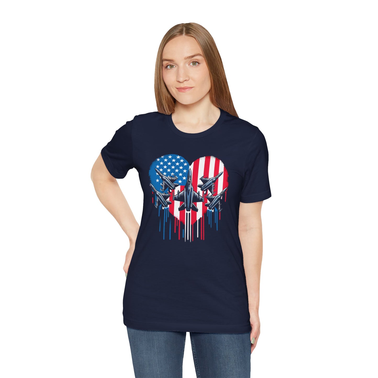 Red White and Blue Heart with Jets Graphic, Unisex Jersey Short Sleeve Tee