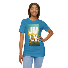 July Sunflower T‑Shirt – Summer Graphic Tee with 'JULY' Text