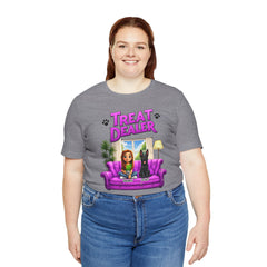 Personalized Treat Dealer T-Shirt — Funny Pet Lover Tee with Girl and Dog on Purple Couch