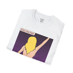 WILD AND FREE Pop Art Blonde Hair Girl with denim shorts and no top Unisex Softstyle T Shirt