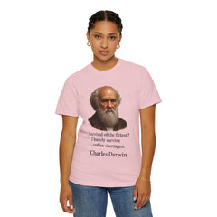 Darwin Coffee Funny T-Shirt — "Survival of the Fittest? I Barely Survive Coffee Shortages."