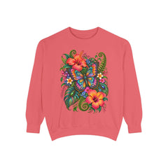Floral Butterfly Sweatshirt — Tropical Hibiscus Garden Crewneck