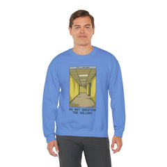 Crewneck Sweatshirt "Do Not Question the Hallway" – Retro Yellow Corridor Graphic
