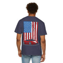 Patriotic Car Graphic Unisex T-Shirt - Vintage American Flag Design